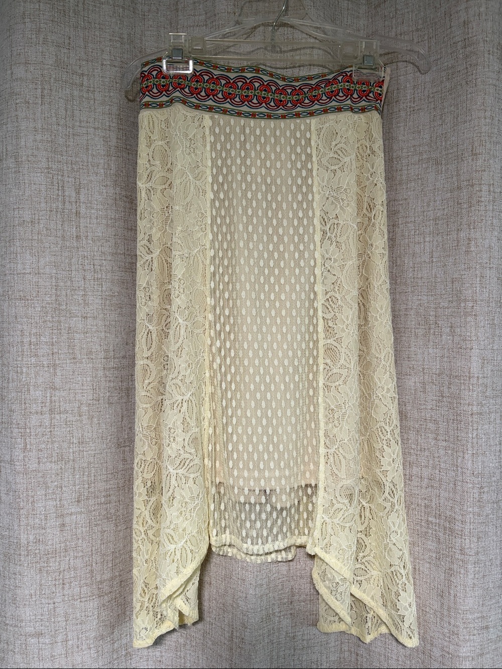 Flying Tomato Cream Lace High-Low Skirt with Multicolor Embroidered Waistband